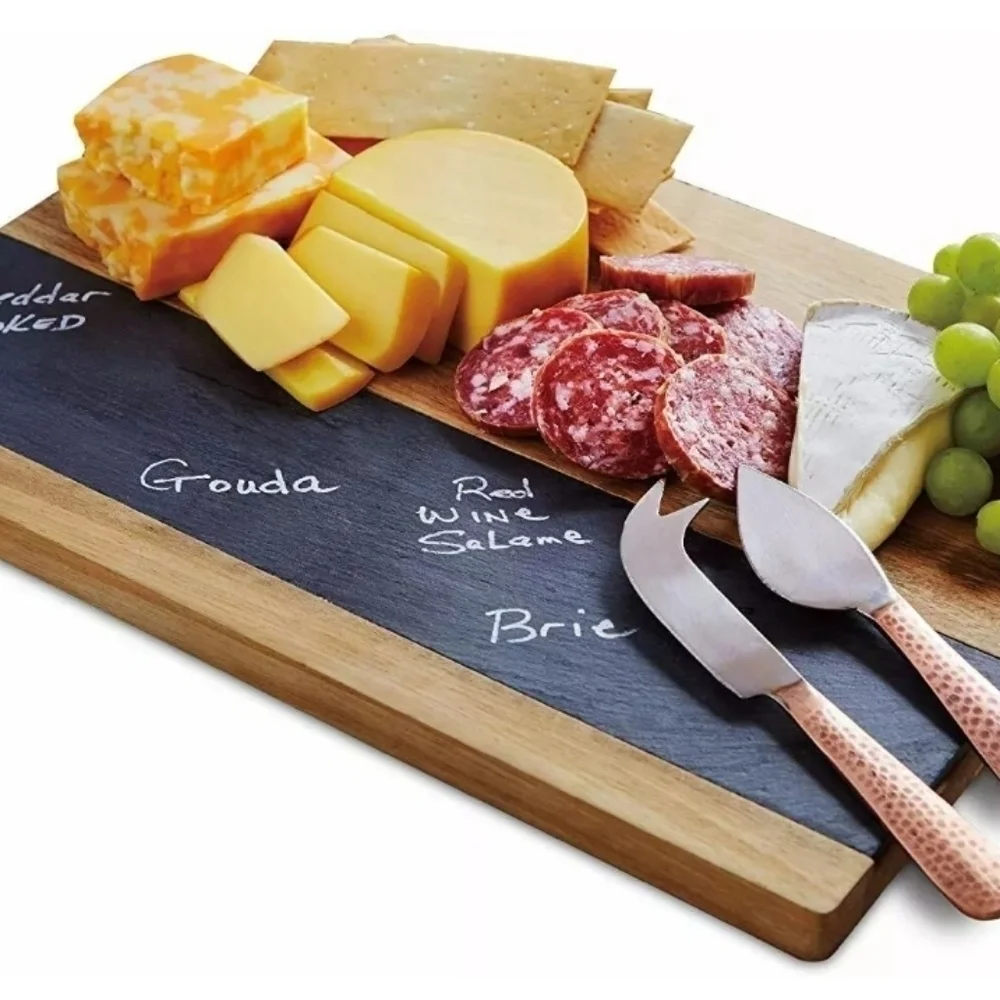 5pc. Refinery & Co Acacia Wood & Slate Cheese Board Set Hammered Copper Knives